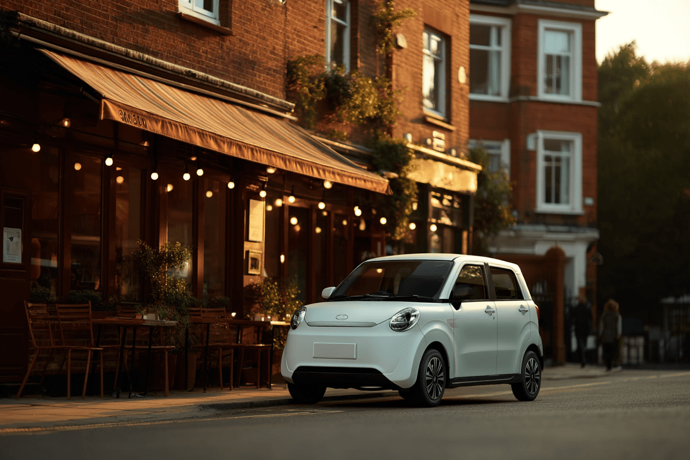 The Wink Mark3 parked outside a lit café at dusk