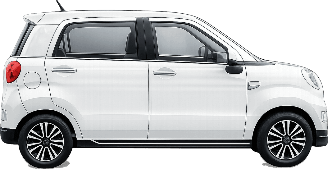 Side view of the Wink Mark3, shown to scale between a golf cart and a car